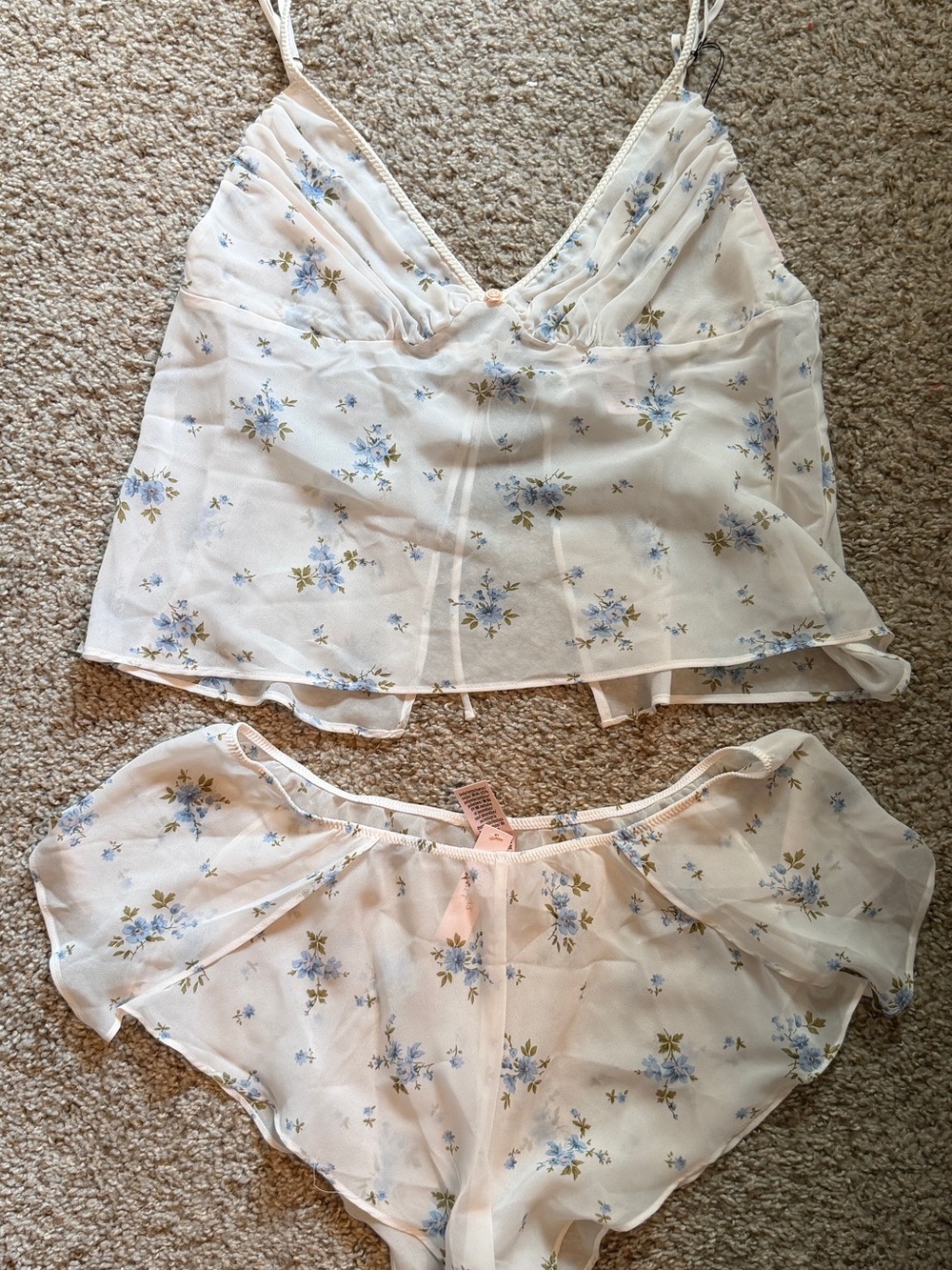 NWT VS Sheer Floral Intimate Cami & Shorts Set in Cream and Light Blue